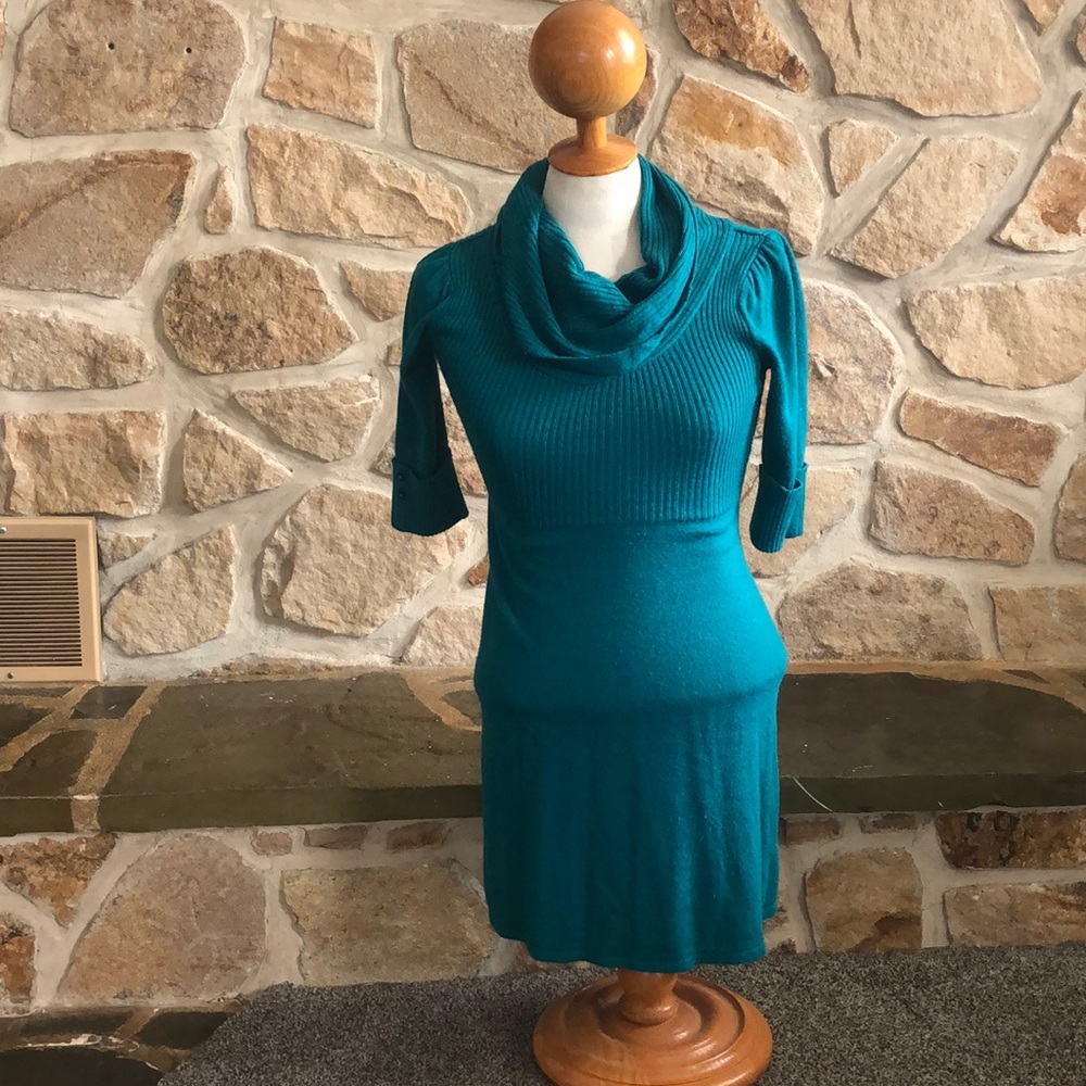 Teal colored sweater dress with cow neck